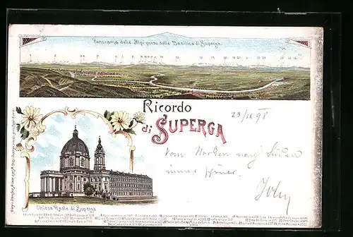 Lithographie Superga, Chiesa Reale di Superga, Panorama delle Alpi