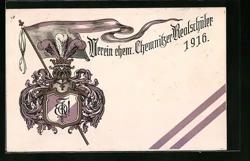 Künstler-AK Chemnitz, Verein ehemaliger Chemitzer Realschüler 1916, Ritterhelm und Studentenwappen
