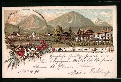 Lithographie Jenbach, Gasthof zum Brauhaus, Totalansicht