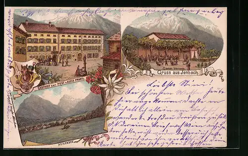 Lithographie Jenbach, Gasthof zur Post, Achensee, Garten Veranda