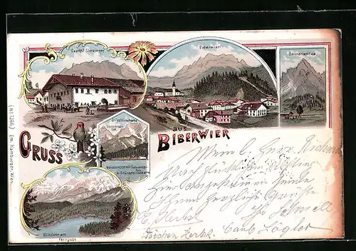 Lithographie Biberwier, Gasthof Sterzinger, Blindsee am Fernpass, Sonnenspitze