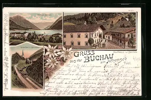 Lithographie Buchau am Achensee, Gasthaus zur Buchau, Kirche Eben mit Zahnradbahn