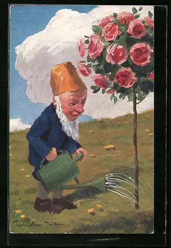 Künstler-AK Paul Lothar Müller: Zwerg giesst sein Rosenbäumchen