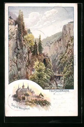 Künstler-AK Schwenke Ser. 3 Nr. 3: Wernigerode, Schloss, Teufelsbrücke im Bodethal, Berg mit Gesicht / Berggesichter