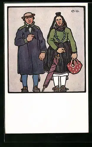 Künstler-AK Otto Ubbelohde: Paar in hessischer Tracht
