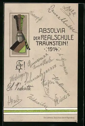 Künstler-AK Traunstein, Absolvia der Realschule 1914, Studentenwappen
