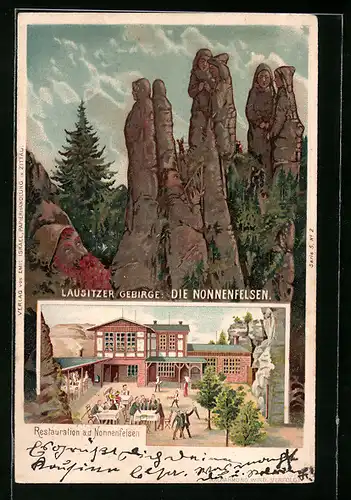 Lithographie Nonnenfelsen im Lausitzer Gebirge und Restaurant, Berg mit Gesicht / Berggesichter
