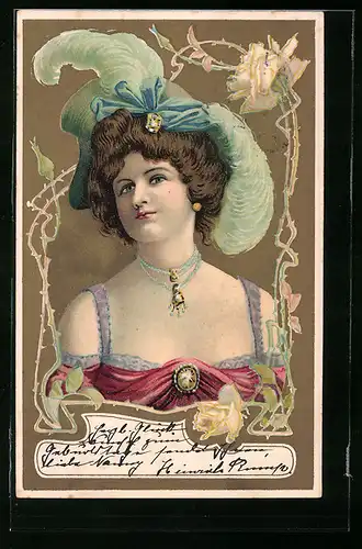 Künstler-AK Brünette Schönheit im farbenfrohen Gewand mit hochwertigem Schmuck im Jugendstil