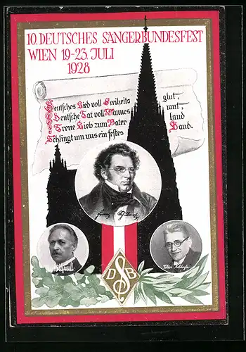 Künstler-AK Wien, 10. Deutsches Sängerbundesfest 1928, Portraits von Franz Schubert und Viktor Keldorfer
