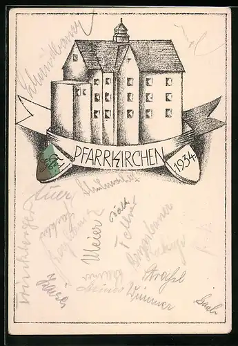 Künstler-AK Pfarrkirchen, Absolvia 1934, Studentenwappen