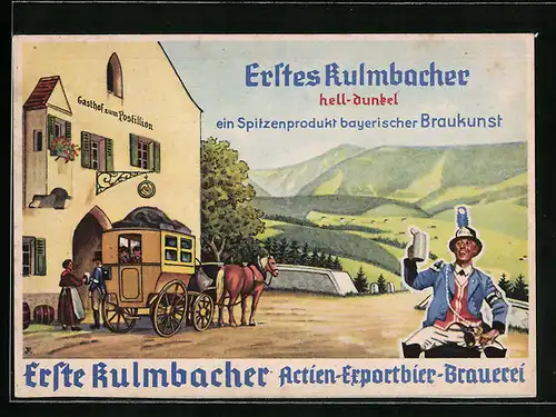 Künstler-AK Erstes Kulmbacher, Gasthof zum Postillion, Brauerei-Werbung