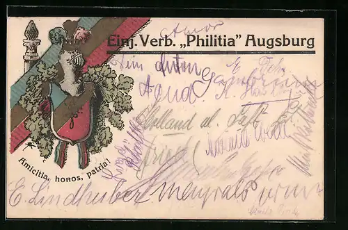 Künstler-AK Augsburg, Einj. Verb. Philitia, Studentenwappen