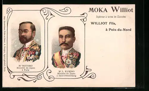 Lithographie Portraits der Japanischen Botschafter Mr. Motono und Mr. L. Kurino in Uniformen