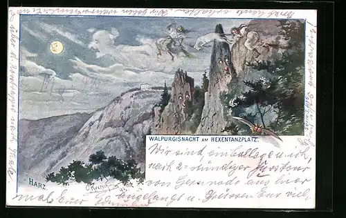 Lithographie Schwenke Ser. 3. Nr. 6: Thale am Harz, Walpurgisnacht am Hexentanzplatz, Berg mit Gesicht / Berggesichter