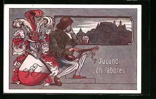 Künstler-AK Nürnberg, Abituria des Melanchthon-Gymnasiums, Studentenwappen, Jucundi acti labores!