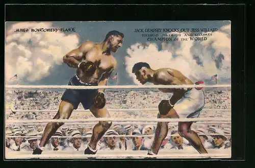 Künstler-AK Jack Dempsey knocks out Jess Willard and becomes Champion of the World