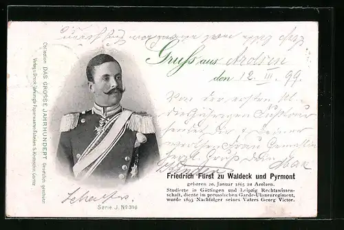 Lithographie Portrait von Friedrich Fürst zu Waldeck und Pyrmont