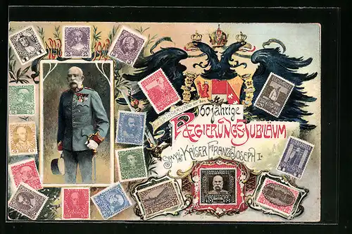 Künstler-AK Festpostkarte anlässlich des 60 jähr. Regierungsjubiläums von Kaiser Franz Josef I. mit versch. Briefmarken