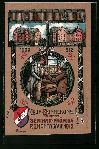 Künstler-AK Montabaur, Seminar-Prüfung 1912, Studenten stossen an