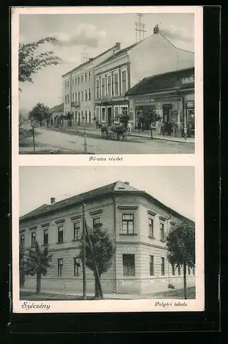 AK Szécsény, Fö-utca részlet, Polgári iskola