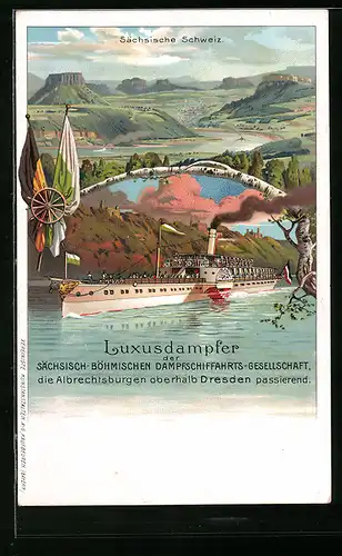Lithographie Luxusdampfer der Sächsisch-Böhmischen Dampfschiffahrts-Gesellschaft passiert die Albrechtsburg