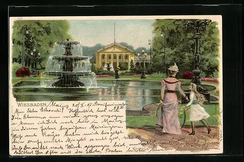 AK Wiesbaden, Kurhaus mit Park und Springbrunnen