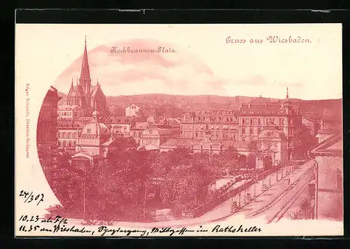 AK Wiesbaden, Hochbrunnen-Platz mit Kirche