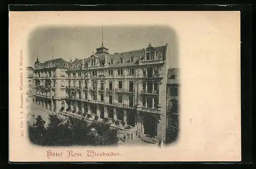AK Wiesbaden, Hôtel Rose mit Strassenpartie