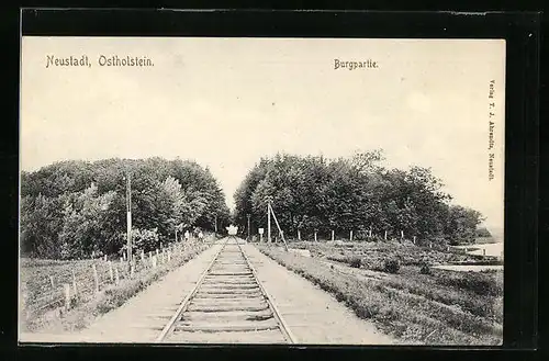 AK Neustadt /Ostholstein, Burgpartie mit Bahnschienen