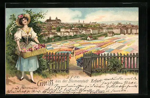 Lithographie Erfurt, Ortsansicht mit blühenden Blumenfeldern