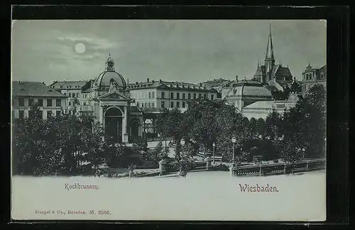 Mondschein-AK Wiesbaden, Kochbrunnen mit Kirche