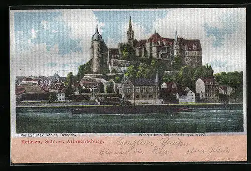 Seiden-Imitations-AK Meissen, Schloss Albrechtsburg mit Fluss