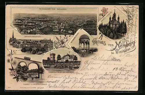 Lithographie Wiesbaden, Ortsansicht vom Neroberg, Kochbrunnenplatz, Restauration auf dem Neroberg