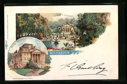 Lithographie Wiesbaden, Kurpark mit Kurhaus und Königl. Schauspielhaus