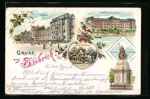 Lithographie Biebrich a. Rh., Schloss, Unteroffizier-Schule, Krieger-Denkmal, Ruine Moosburg