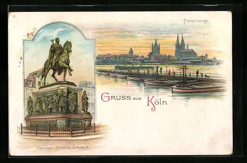 Lithographie Köln, Panorama und Denkmal Friedrich Wilhelm III.