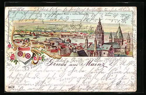 Lithographie Mainz, Aussicht auf Kastel und rechtes Rheinufer