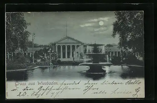 Mondschein-AK Wiesbaden, Kurhaus mit Springbrunnen