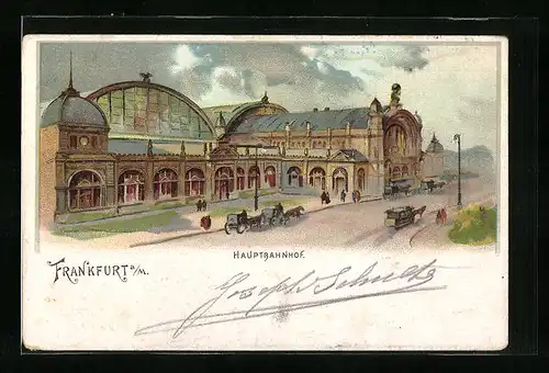 Lithographie Frankfurt a. M., Hauptbahnhof mit Pferdebahn