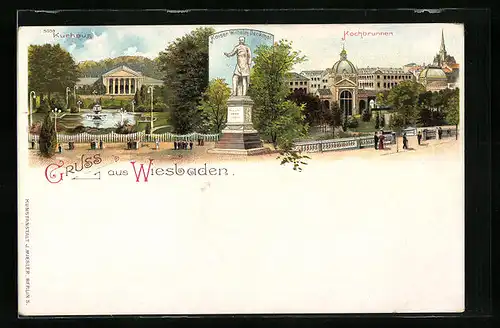 Lithographie Wiesbaden, Kurhaus und Kochbrunnen
