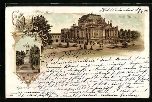 Lithographie Wiesbaden, Neues Theater und Kaiser-Denkmal