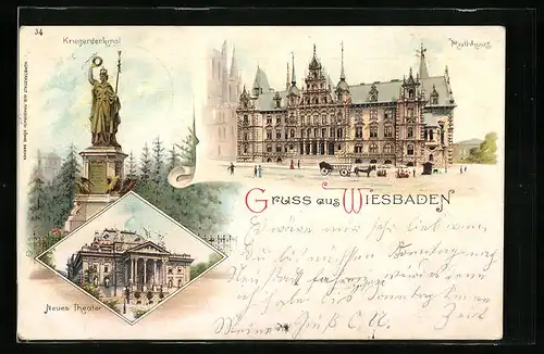Lithographie Wiesbaden, Rathaus, Neues Theater und Kriegerdenkmal