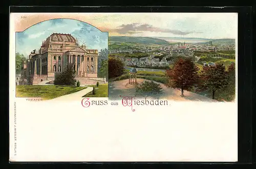 Lithographie Wiesbaden, Theater und Ortsansicht aus der Vogelschau