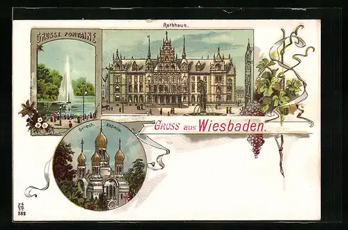Lithographie Wiesbaden, Grosse Fontaine, Rathaus und Griech. Kapelle