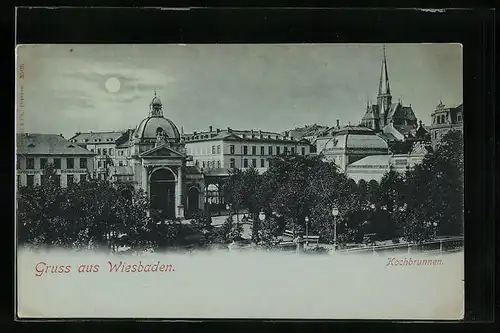 Mondschein-AK Wiesbaden, Kochbrunnen mit Kirche
