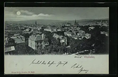 Mondschein-AK Wiesbaden, Ortsansicht aus der Vogelschau