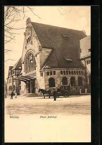 AK Worms, Neuer Bahnhof, Kutsche