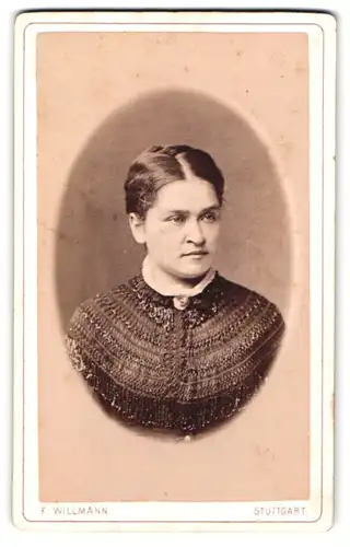 Fotografie F. Willmann, Stuttgart, Marienstr. 36, Portrait dunkelhaarige Schönheit in bestickter Bluse