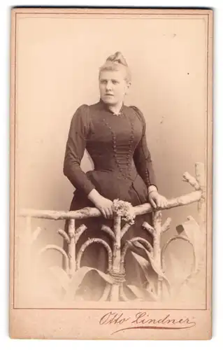 Fotografie Otto Lindner, Berlin, König-Str. 30, Portrait blonde Dame mit Dutt im prachtvollen Kleid