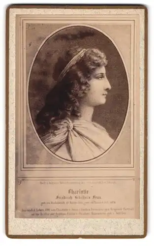 Fotografie unbekannter Fotograf und Ort, Portrait Charlotte von Schiller im Seitenprofil, Ehefrau von Friedrich Schiller